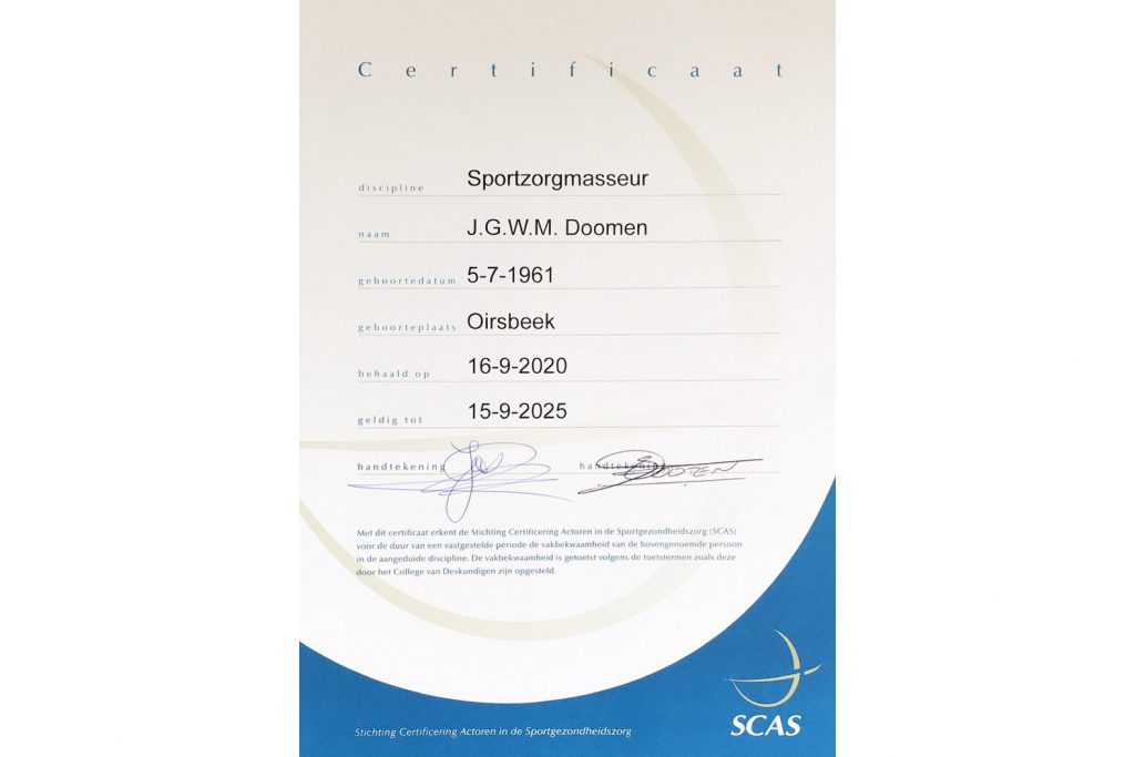 Certificaat Sportzorgmasseur